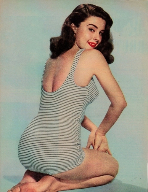 Elaine Stewart - Kneeling/ Looking Over Shoulder in Stripped SwimSuit Photo Print (8 x 10) - Item # DAP17605