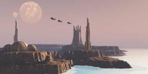 Shuttles take people to different buildings on an alien world. Poster Print by Corey Ford/Stocktrek Images - Item # VARPSTCFR200972S