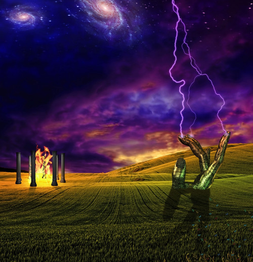 Raging tornado storm in open landscape lightning strikes and