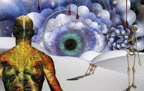 Man with weird eyes on body stands in surreal desert with hourglass and watchful eye. Poster Print by Bruce Rolff/Stockt - Item # VARPSTRFF200220S