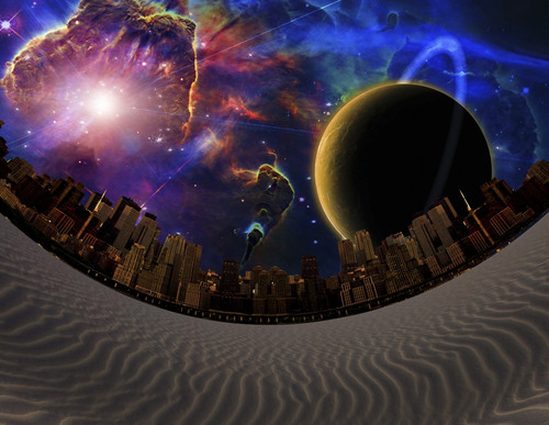 Surreal landscape. Desert City. Big planet in vivid galaxy Poster Print by Bruce Rolff/Stocktrek Images - Item # VARPSTRFF200251S