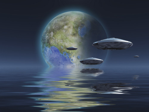 Spacecrafts flies over ocean. Terraformed moon at the horizon. Poster Print by Bruce Rolff/Stocktrek Images - Item # VARPSTRFF200309S