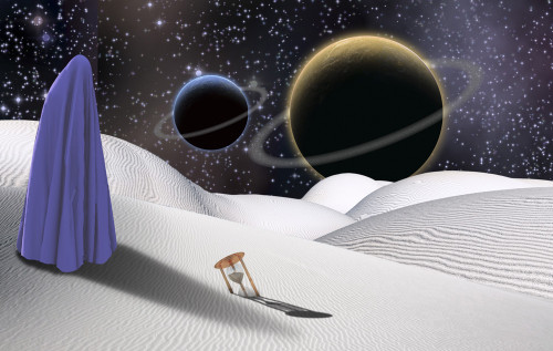 Surreal desert with hourglass. Figure of man in clothes similar to hijab. Mystical planets on the horizon. Poster Print - Item # VARPSTRFF200589S