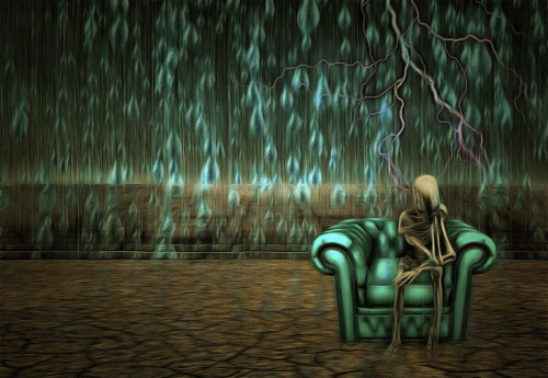 Alien skeleton sits on a armchair in pose of thinker. Rain fals down on arid land. Poster Print by Bruce Rolff/Stocktrek - Item # VARPSTRFF200607S