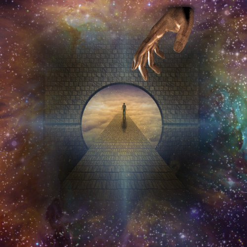 Man enters stone passage in stars. Hand of Creator in endless Universe. Poster Print by Bruce Rolff/Stocktrek Images (12 - Item # VARPSTRFF200748S