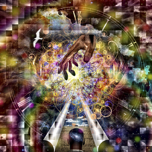 Vivid surreal composition. Hand of God. Man in another dimension behind the curtain of space. Poster Print by Bruce Rolf - Item # VARPSTRFF200912S