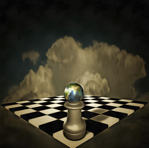 Surreal composition. Chessboard and figure with planet Earth hovers in the sky. Poster Print by Bruce Rolff/Stocktrek Im - Item # VARPSTRFF200913S