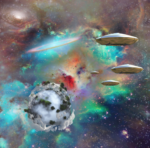 Flying saucers in colorful universe. Abstract exoplanet. Poster Print by Bruce Rolff/Stocktrek Images - Item # VARPSTRFF200945S