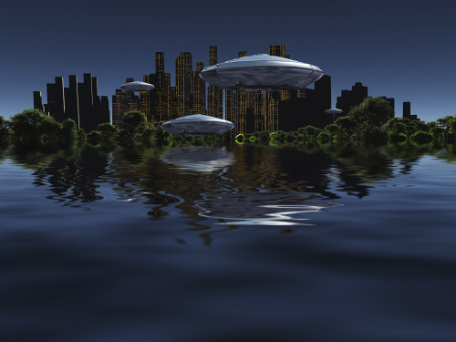 Surreal digital art. City surrounded by green trees in water world
