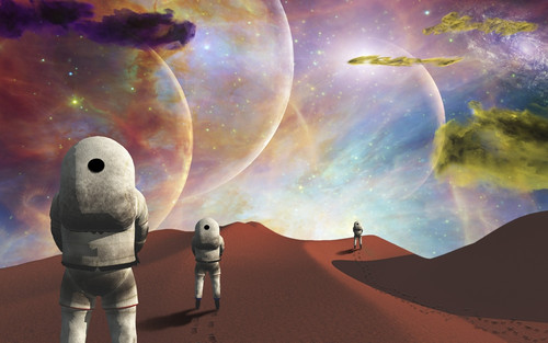 Space journey. Astronauts on another planet. Vivid Universe Poster Print by Bruce Rolff/Stocktrek Images - Item # VARPSTRFF201146S