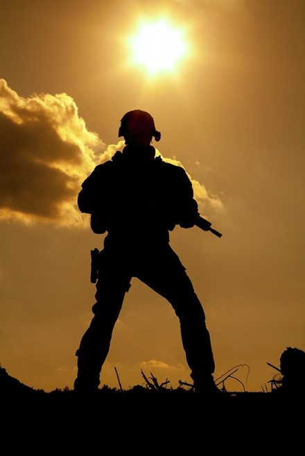 Silhouette of a United States Army ranger in the mountains. Poster Print by Oleg Zabielin/Stocktrek Images - Item # VARPSTZAB101016M