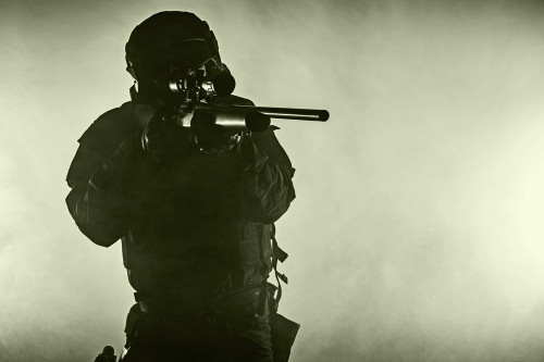 Studio shot of SWAT police operator with sniper rifle. Fire smoke screen background. Poster Print by Oleg Zabielin/Stock - Item # VARPSTZAB101094M