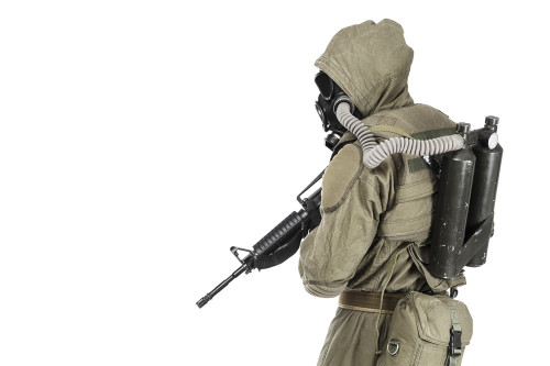 Post apocalypse survivor with weapons and gas mask, studio shot. Poster Print by Oleg Zabielin/Stocktrek Images (17 x 11 - Item # VARPSTZAB101858M