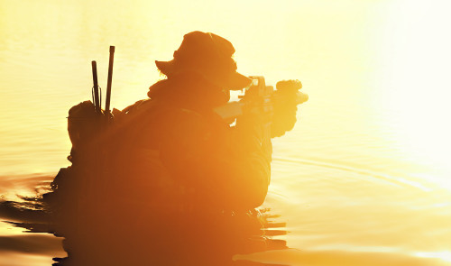 Silhouette of a special forces soldier with rifle during a river raid in the jungle. Poster Print by Oleg Zabielin/Stock - Item # VARPSTZAB102762M