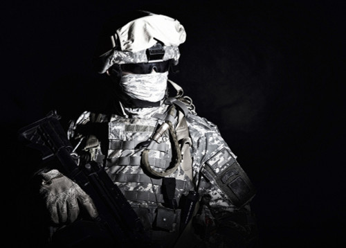 Portrait of an armed infantry soldier with face obscured, black background. Poster Print by Oleg Zabielin/Stocktrek Imag - Item # VARPSTZAB103180M