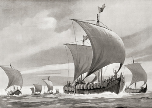 A fleet of Viking ships on a raid.  From Hutchinson's History of the Nations, published 1915. Poster Print by Ken Welsh / Design Pics - Item # VARDPI12512747