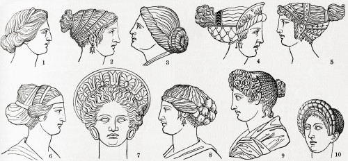 Numbers 1-8 Greek hairstyles. Numbers 9 and 10 Roman hairstyles.  From Meyers Lexicon, published 1927. Poster Print by Ken Welsh / Design Pics - Item # VARDPI12332678