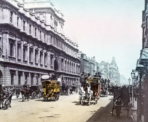 Magic Lantern slide circa 1900 hand coloured views of London, England in Victorian timesBurlington House and Piccadilly. Busy street with carriages and horses and barrow boys Poster Print by John Short / Design Pics - Item # VARDPI12388286