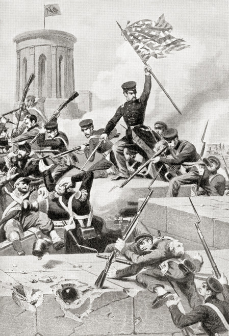 United States Marines storming Chapultepec castle, Mexico city, under an American flag during the Mexican-American War in 1847.  From Hutchinson's History of the Nations, published 1915. Poster Print by Ken Welsh / Design Pics - Item # VARDPI12512883
