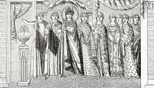 The Empress Theodora and her attendants from a mosaic St Vitale Ravenna Italy Theodora 500 548 Empress Byzantine Empire marriage to Emperor Justinian I From Ward and Lock's Illustrated History World published c1882 Ken Welsh # VARDPI12512957