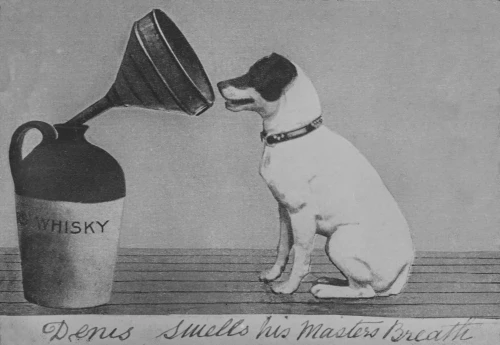 Magic lantern slide circa 1900VictorianSocial History A slide with a dog and a container of whisky with the words Denis smells his masters breath A comical look at His Masters Voice recording label Poster by John Short - Item # VARDPI12513217