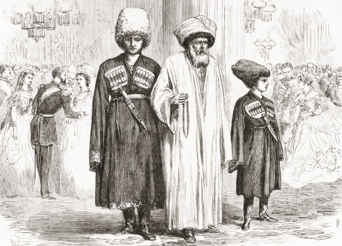 Imam Shamil also spelled Shamyl Schamil Schamyl Shameel 1797 1871 Avar political religious leader Muslim tribes Northern Caucasus Seen here his sons court Saint Petersburg Russia 19th century L'Univers Illustre published 1867 # VARDPI12332671