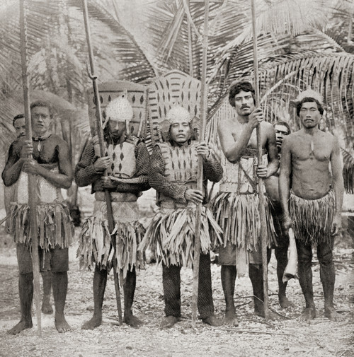Warriors From Gilbert Islands Pacific Ocean Gilbert Islanders Invented Armour Coconut Fibre To Protect Themselves Against Spears Furnished Shark's Teeth After A 19th Century Photograph From Customs World Published C1913 Ken Welsh # VARDPI12310033