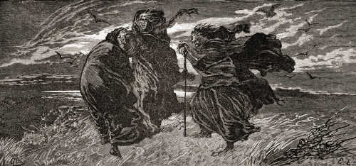 Macbeth and Banquo meet the three witches. A scene from WIlliam