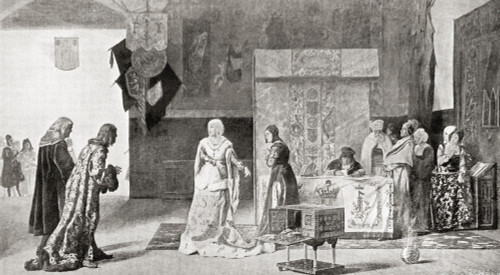 Isabella pledging her jewels finance expedition Christopher Columbus 1492 Isabella I 1451 1504 Queen Castile Christopher Columbus c?1451 1506 Italian explorer navigator colonizer Hutchinson's History Nations published 1915 Ken Welsh # VARDPI12512740