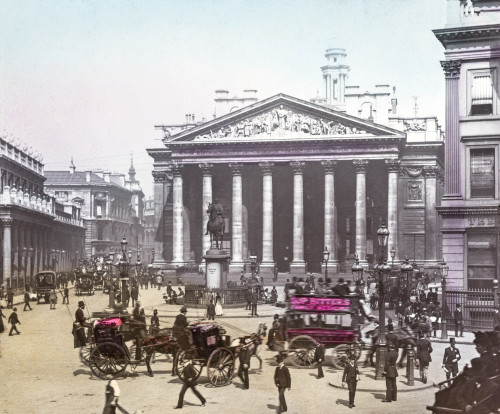 Magic Lantern slide circa 1900 hand coloured views of London England in Victorian times The Royal Exchange Horse drawn busses and carriages and a very busy street with Victorian business men rushing to and from work Poster John Short # VARDPI12388566