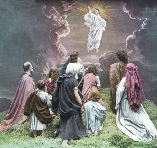 A Hand Coloured Magic Lantern Slide Circa 1900 Calvaryaccording Gospels A Site Immediately Outside Jerusalem's Walls Where Jesus Was Said Have Been Crucified People Gathered Mount Looking Jesus Christ Clouds Parted Reveal His Presence # VARDPI1232950