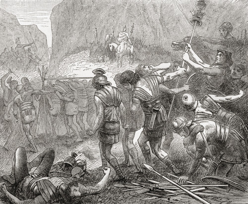 The passum sub iugum passing under yoke was a practice ancient Italy where defeated enemies were made pass beneath a yoke constructed spears either humiliate them remove blood guilt Ward Lock's Illustrated History World published c1882 # VARDPI125129