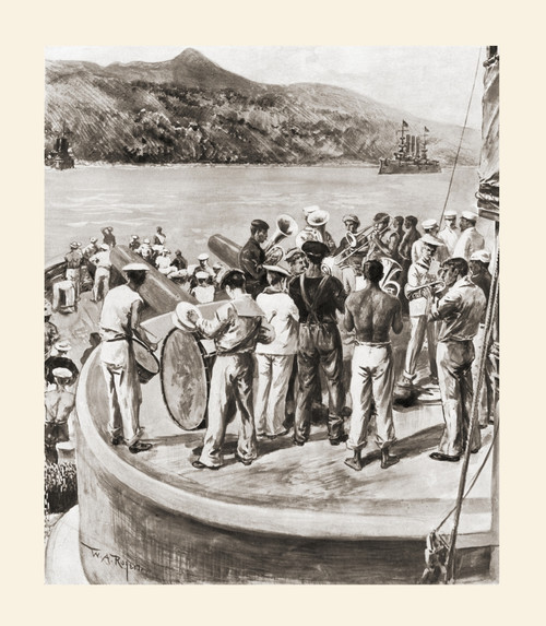 The Band Battleship Oregon Forward 13 Inch Gun Turret Celebrating Surrender Cristobal Colon After American Victory Naval Battle Santiago De Cuba During Spanish-American War 1898 After Drawing Wa Rogers Harper's Pictorial History War Spain Published 1 The Band Battleship Oregon Forward 13 Inch Gun Turret Celebrating Surrender Cristobal Colon After American Victory Naval Battle Santiago De Cuba During Spanish-American War 1898 After Drawing Wa Rogers Harper's Pictorial History War Spain Published 1