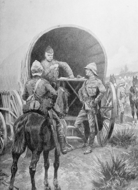 Illustrated London News record Transvall War 1899-1900 chievements home colonial forces great conflict Boer Republics Spencer Wilkinson record Lord Roberts writing despatches a transport wagon a sketch Frederick Villiers this wagon commander chief wr