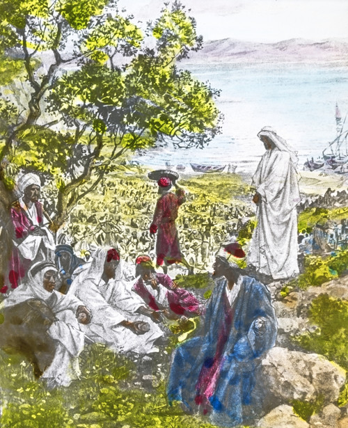 A Hand Coloured Magic Lantern Slide Circa 1900 Series Life Jesus Nazareth Feeding Five Thousand after This Jesus Went Away Other Side Sea Galilee Which Is That Tiberias There Followed Him AA Great Crowd Because They Witnessed Signs He Worked Those Wh