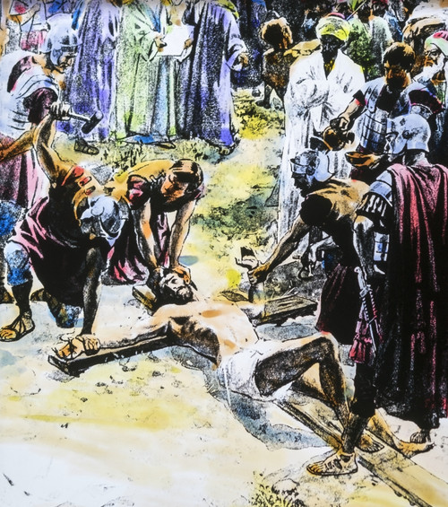 A Hand Coloured Magic Lantern Slide Circa 1900 Series Life Jesus Nazareth Lord Is Nailed Cross When They Came Place Called Skull They I Crucified Him There Robbers One His Right Hand One His Left Jesus Said Êfather Forgive Them They Do Not Know What