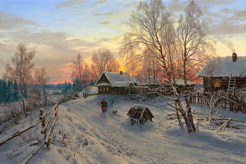 Winter evening in the village Poster Print by Sergej Basov - Item # VARPDXBC30