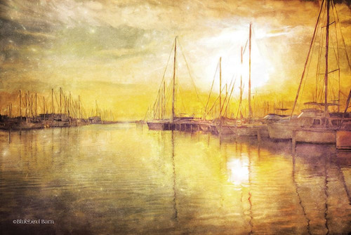 Yellow Sunset Boats in Marina Poster Print by Bluebird Barn Bluebird Barn - Item # VARPDXBLUE224