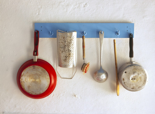 Greece, Corfu. Kitchen utensils hang on rack.  Poster Print by Jaynes Gallery - Item # VARPDDEU12BJY0017