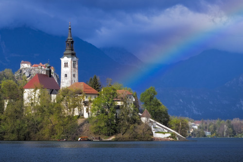Slovenia, Lake Bled. Rainbow over lake and church.  Poster Print by Jaynes Gallery - Item # VARPDDEU38BJY0012