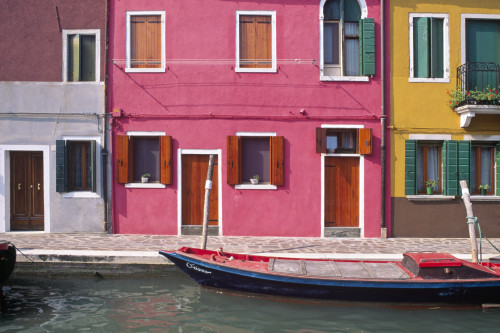 Italy, Burano. Colorful house exteriors and boat in canal.  Poster Print by Jaynes Gallery - Item # VARPDDEU16BJY0284