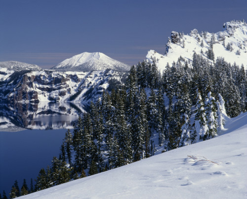 Oregon, Crater Lake National Park. Winter snow accumulates at Crater Lake Poster Print by John Barger - Item # VARPDDUS38JBA0178