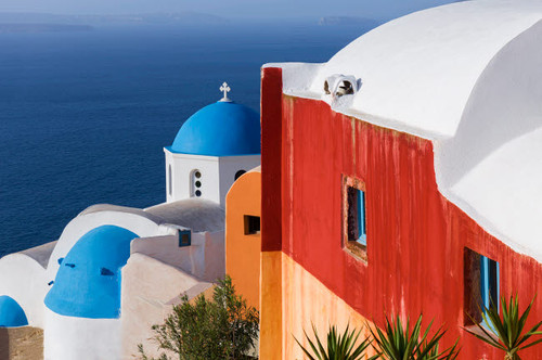 Greece, Santorini, Oia Colorful house and church Credit as: Jim Nilsen / Jaynes Gallery Poster Print by Jaynes Gallery (24 x 18) # EU12BJY0051