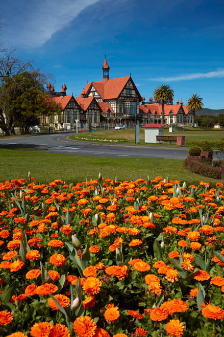 Flower beds and Bath House (Rotorua Museum), Government Gardens, Rotorua, North Island, New Zealand Poster Print by David Wall (18 x 24) # AU03DWA0633