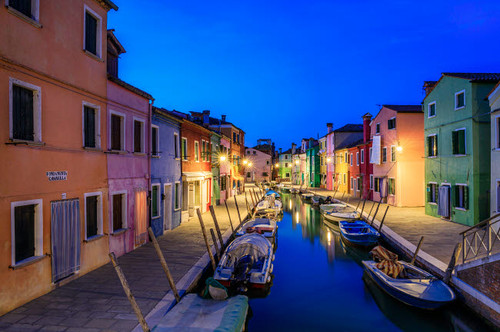 Europe, Italy, Burano Colorful houses on canal at sunset Credit as: Jim Nilsen / Jaynes Gallery Poster Print by Jaynes Gallery (24 x 18) # EU16BJY0487