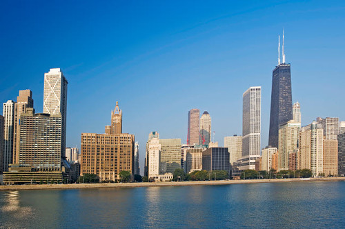 USA, Illinois, Chicago City skyline and Lake Michigan Credit as: Dennis Flaherty / Jaynes Gallery Poster Print by Jaynes Gallery (24 x 18) # US14BJY0031