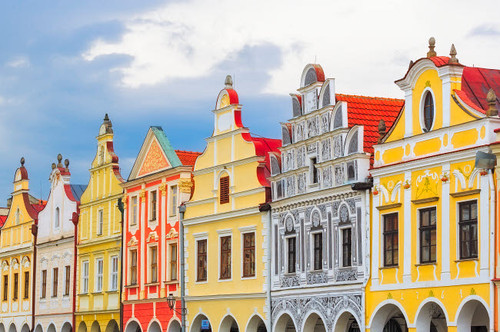 Europe, Czech Republic, Telc Colorful houses on main square Credit as: Jim Nilsen / Jaynes Gallery Poster Print by Jaynes Gallery (24 x 18) # EU06BJY0064