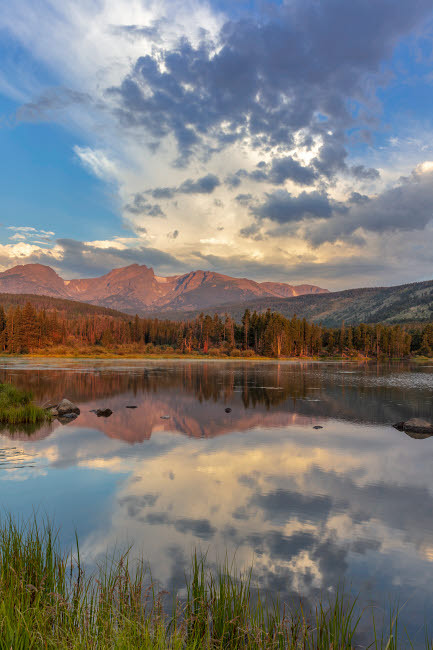 Sunrise on Hallett Peak and Flattop Mountain above Sprague Lake in Rocky Mountain National Park, Colorado, USA Poster Print by Chuck Haney (18 x 24) # US06CHA0175