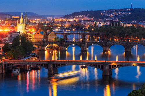 Europe, Czech Republic, Prague Sunset on city and river bridges Credit as: Jim Nilsen / Jaynes Gallery Poster Print by Jaynes Gallery (24 x 18) # EU06BJY0059