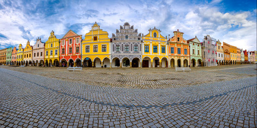 Europe, Czech Republic, Telc Panoramic of colorful houses on main square Credit as: Jim Nilsen / Jaynes Gallery Poster Print by Jaynes Gallery (24 x 18) # EU06BJY0066